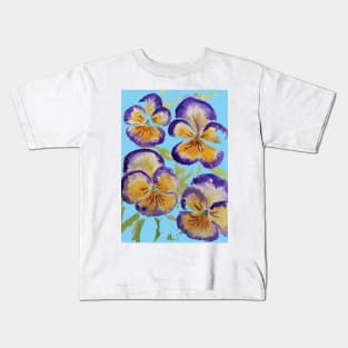 Viola Watercolor Purple Floral Pattern on Baby Blue Kids T-Shirt